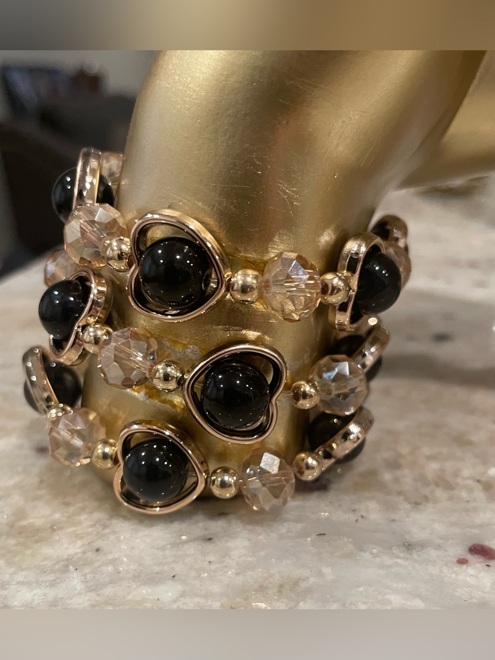 Set of 3 Gold-Tone Black Bead Heart Stretch Bracelets. NWOT